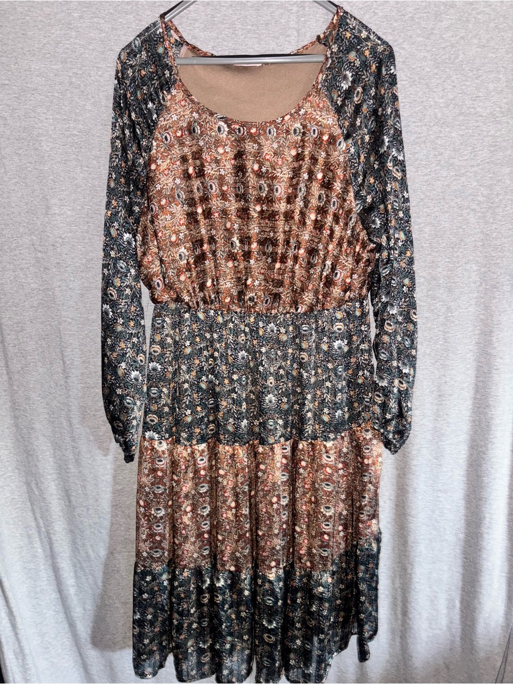 Ces Femme Brown and Black Mixed Print Long Sleeve Tiered Dress